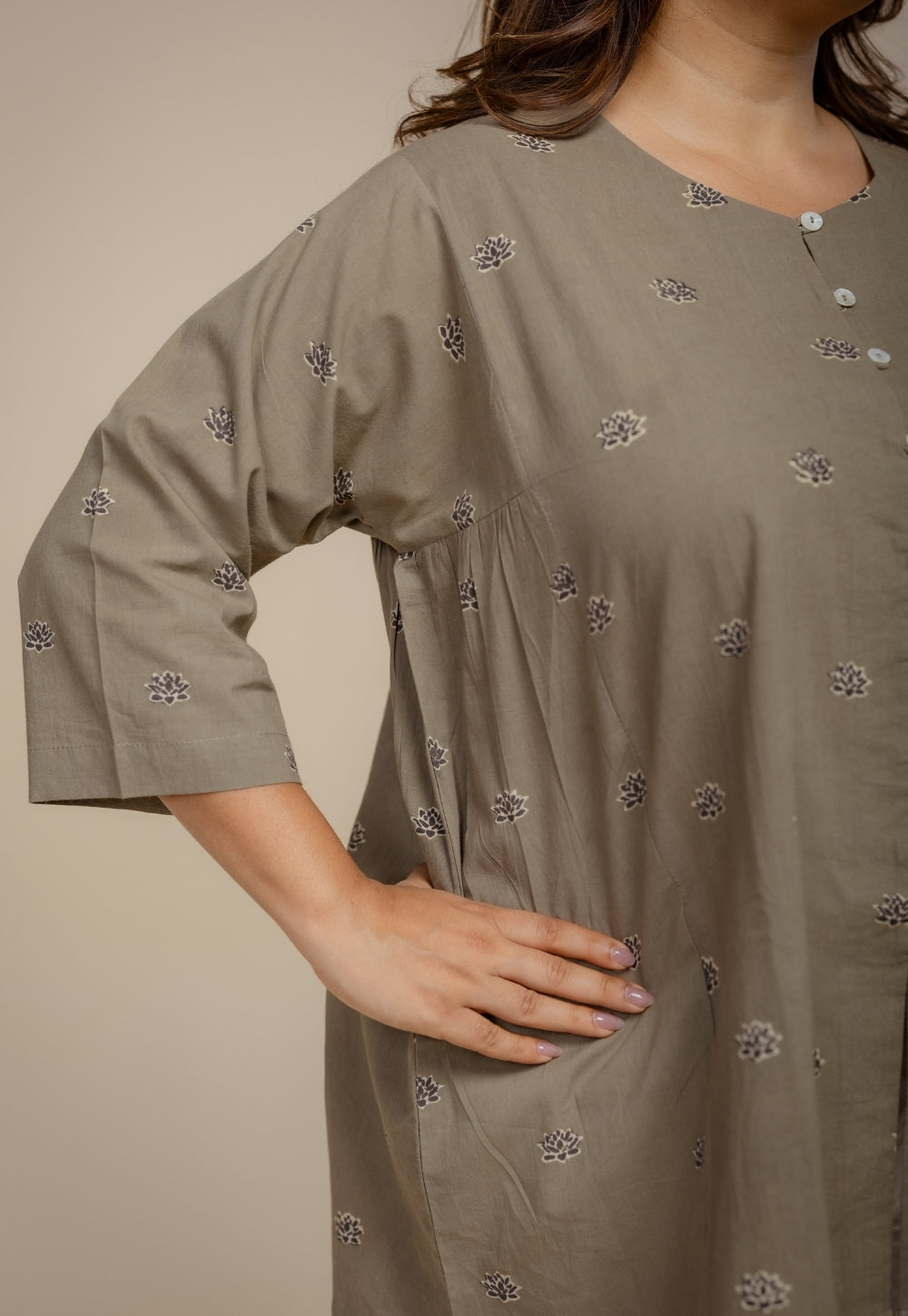 Charvi Grey Ajrakh Cotton Straight Short Top
