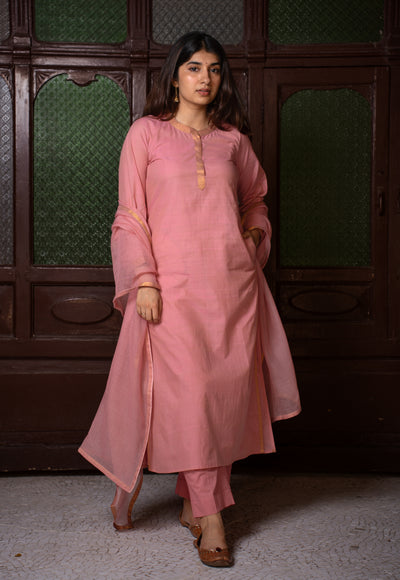 Aarini Pink Mangalgiri Cotton Straight Kurta with Nizam Border