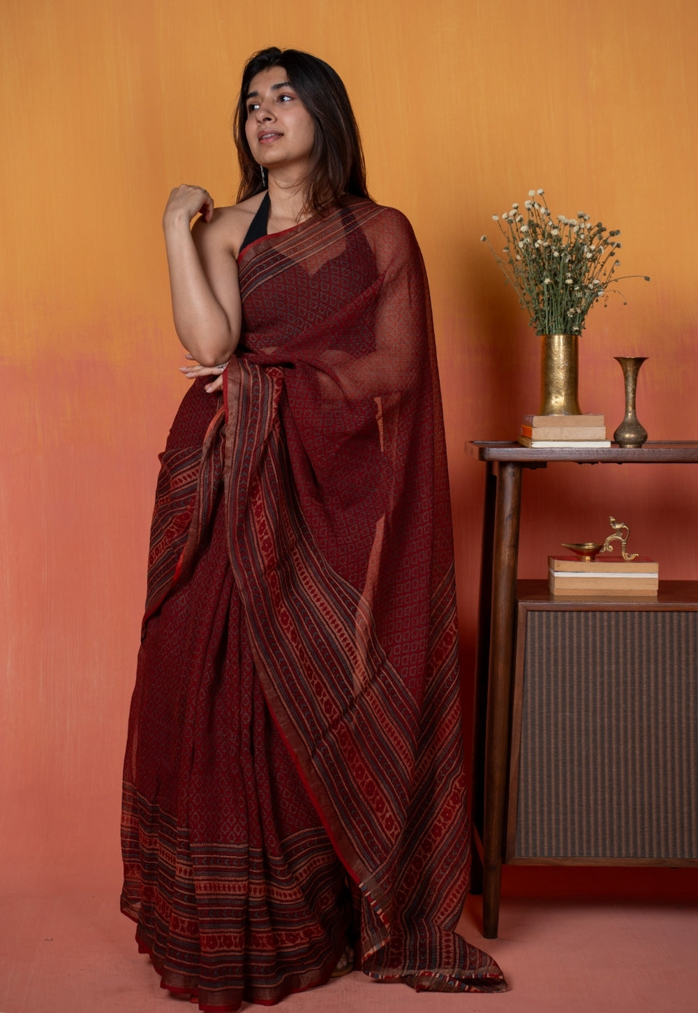Red Geometric Ajrakh Hand Block Print Kota Doria Saree