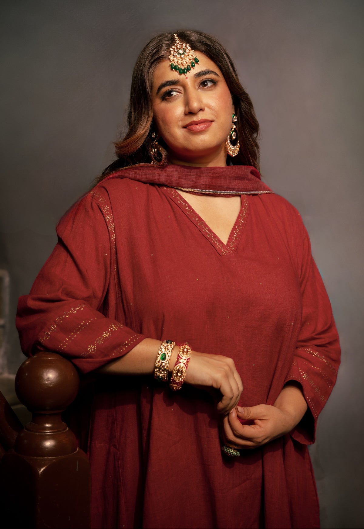 Iqra Red Rogan Handblock Printed Slub Cotton Suit Set (Set of 3)