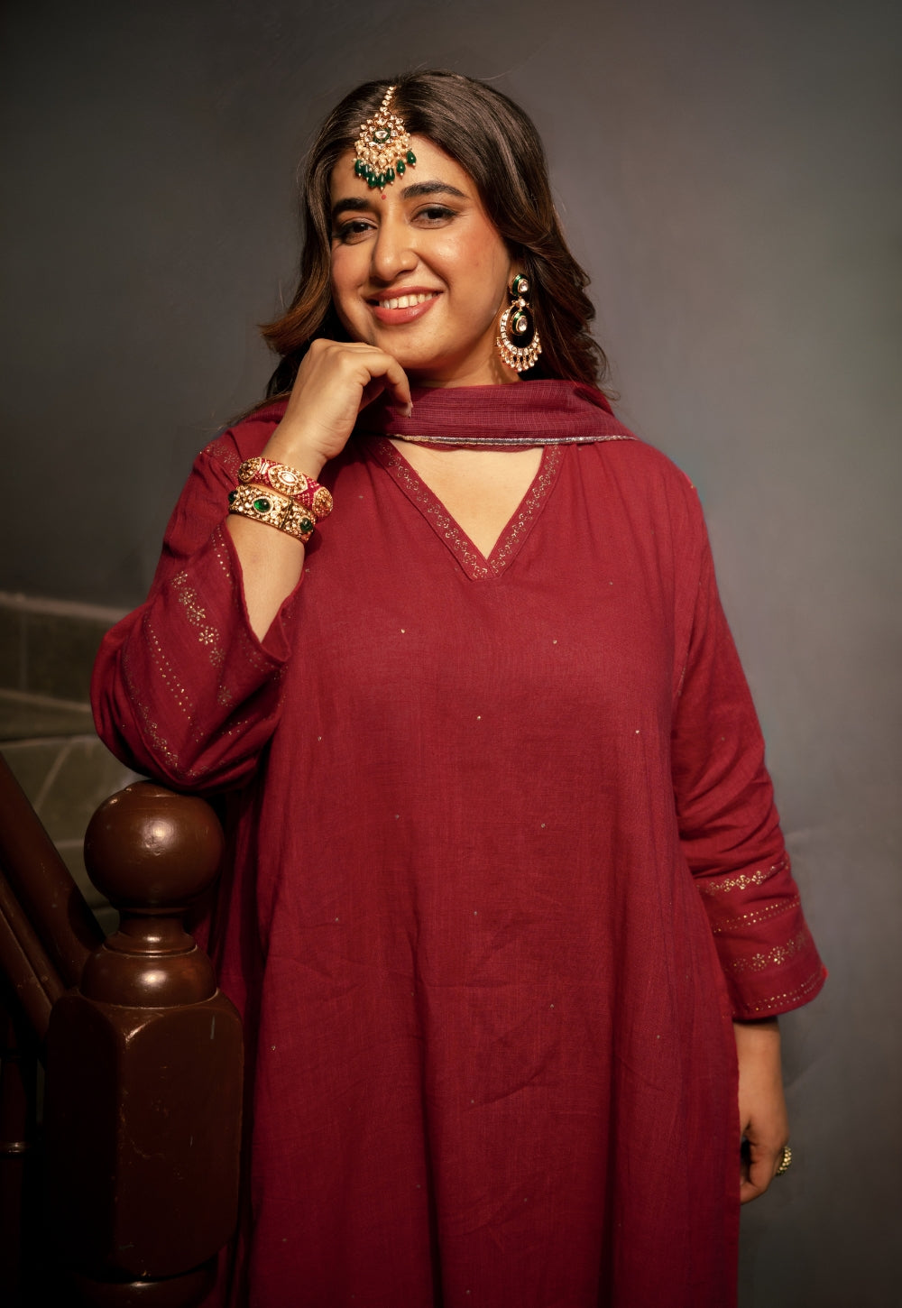 Iqra Red Rogan Handblock Printed Slub Cotton Jhabbha Kali Suit Set (Set of 3)