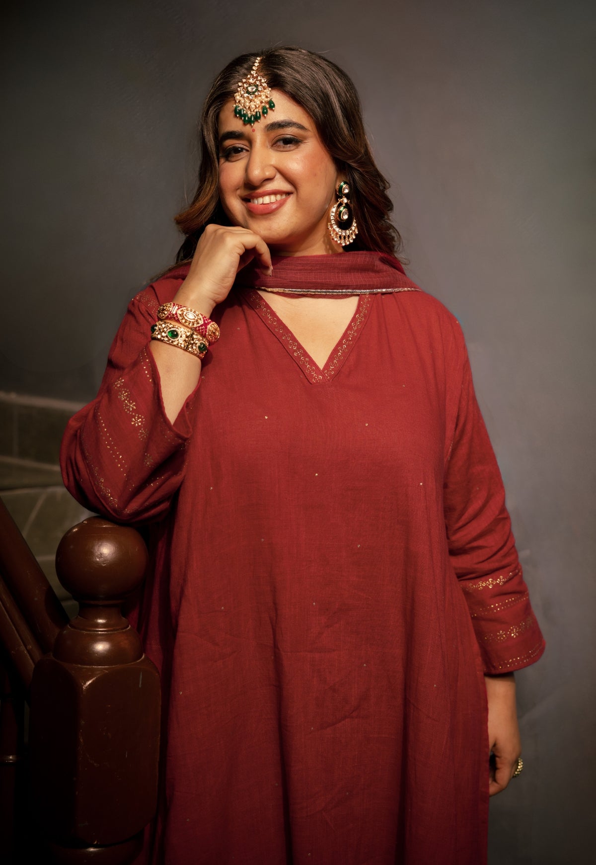 Iqra Red Rogan Handblock Printed Slub Cotton Suit Set (Set of 3)