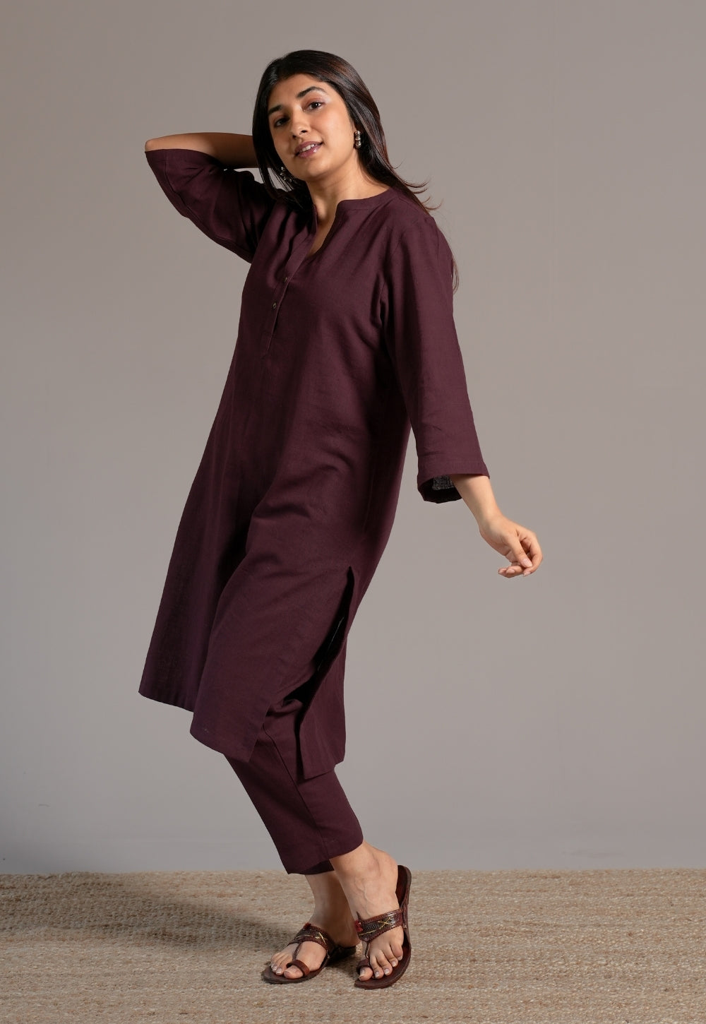 Wine Solid Slub Cotton Straight Kurta - DyeVerse