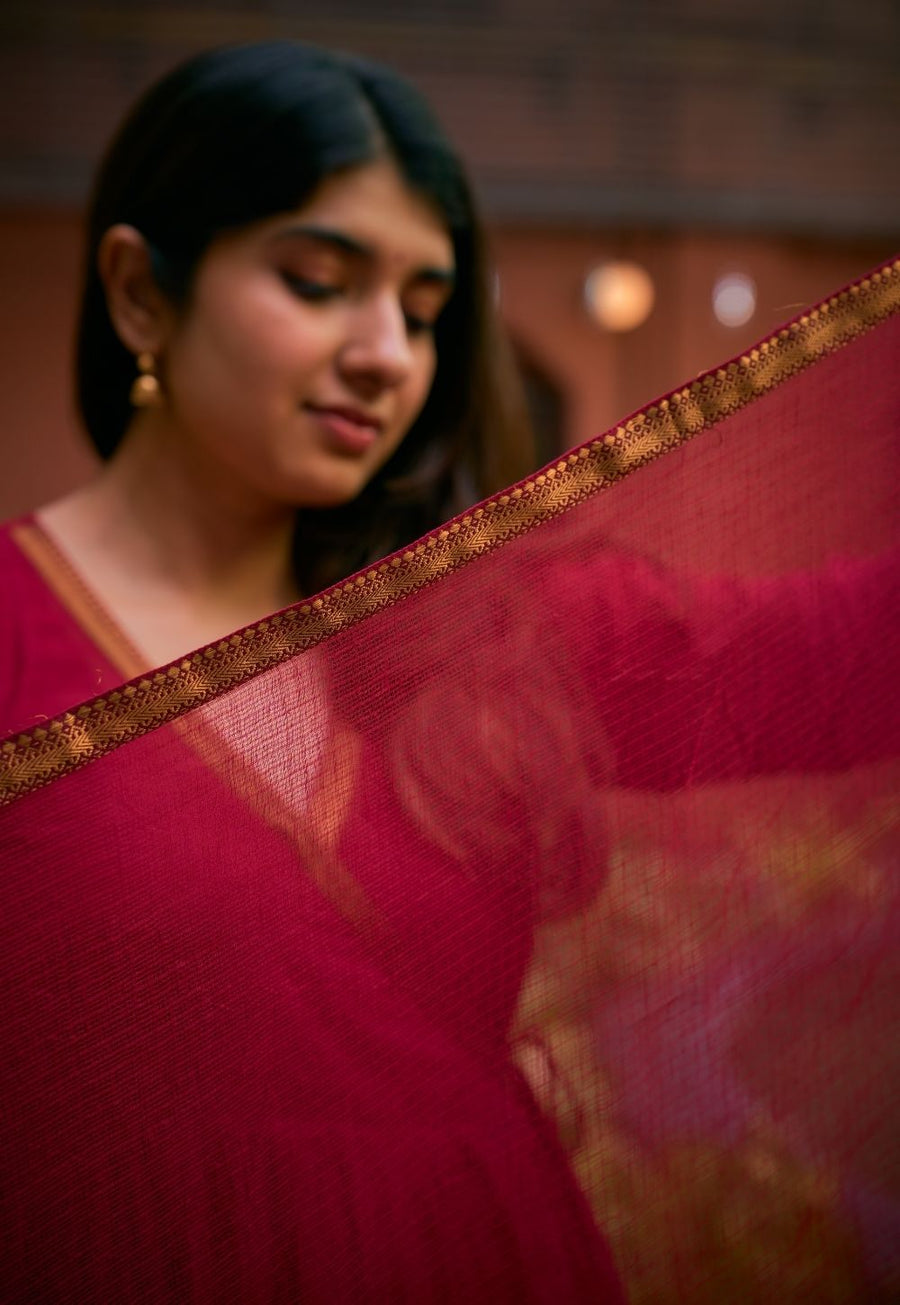 Cherry Red Solid Kota Doria Cotton Dupatta with Mangalgiri Border