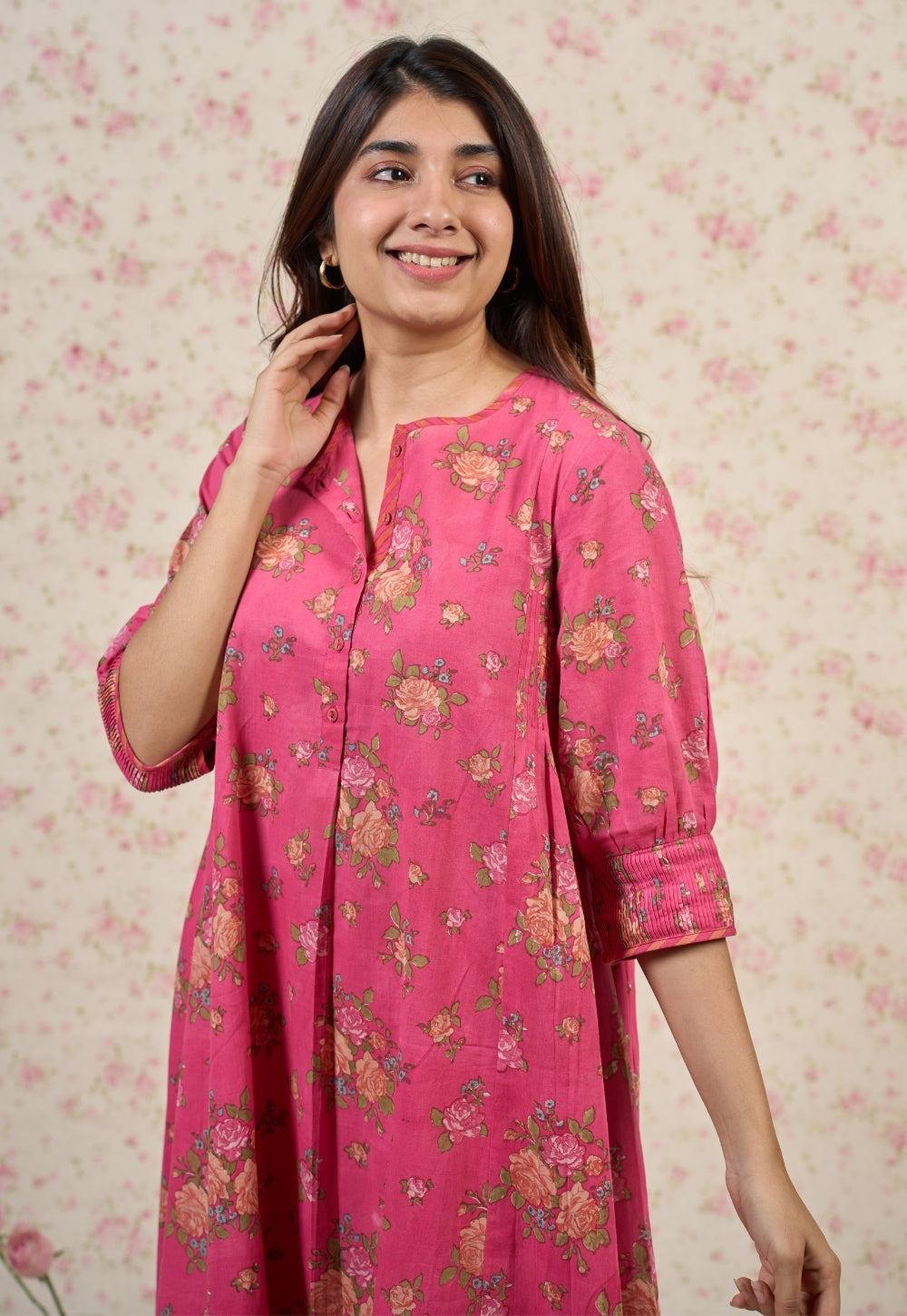 Rosie Pink Sanganeri Mul Cotton A Line Kurta Set (Set of 2)