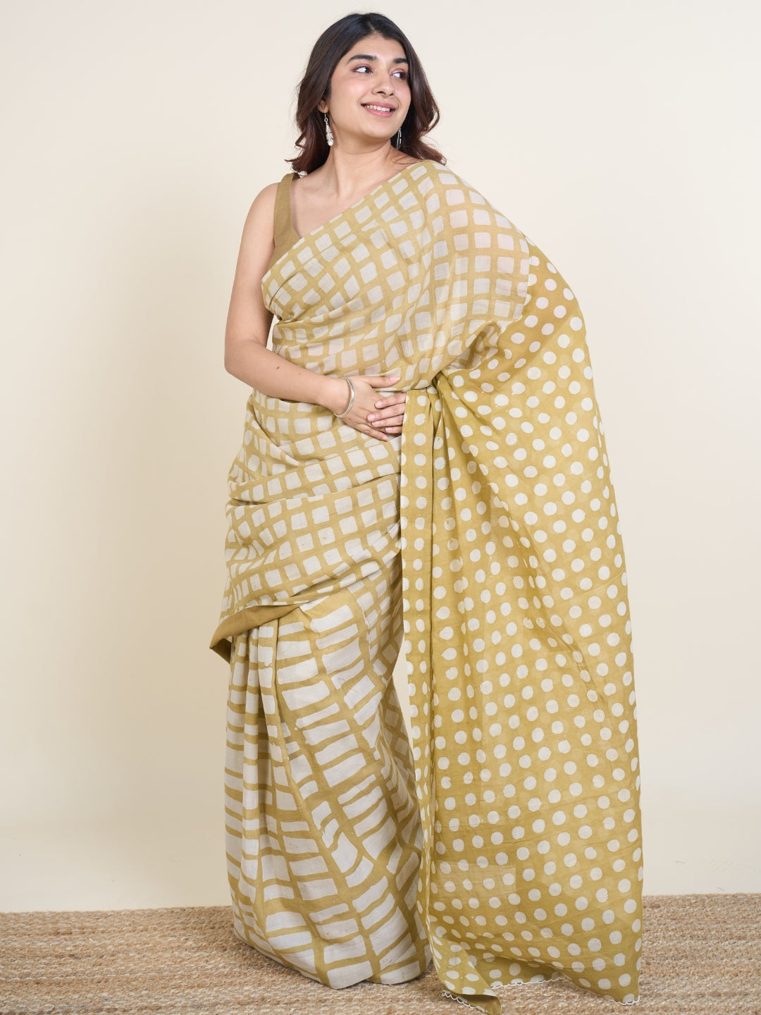 Urooj Green Batik Hand Block Print Mul Cotton Saree with Embroidery