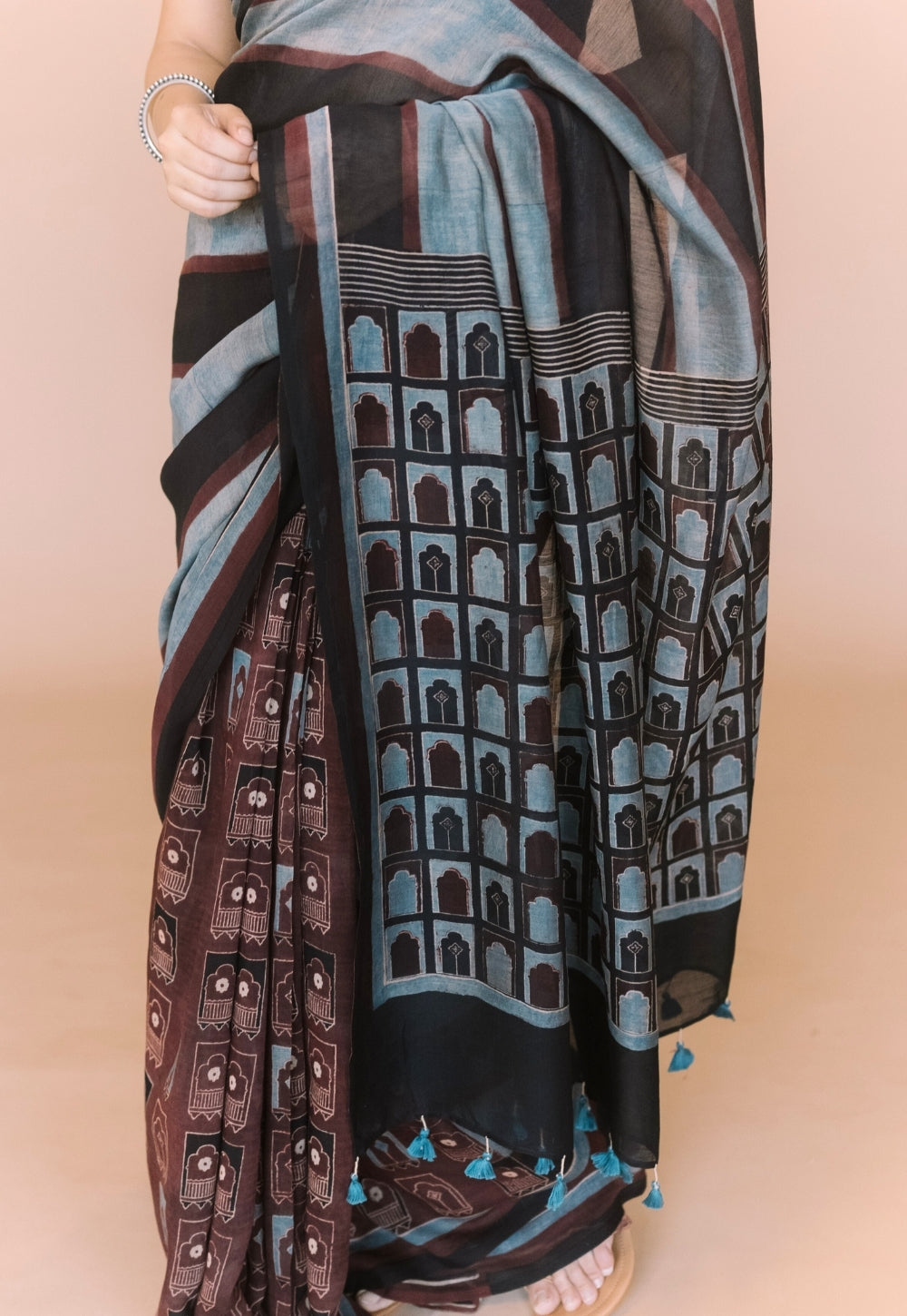 Black Jharoka Ajrakh Hand Block Print Chanderi Saree