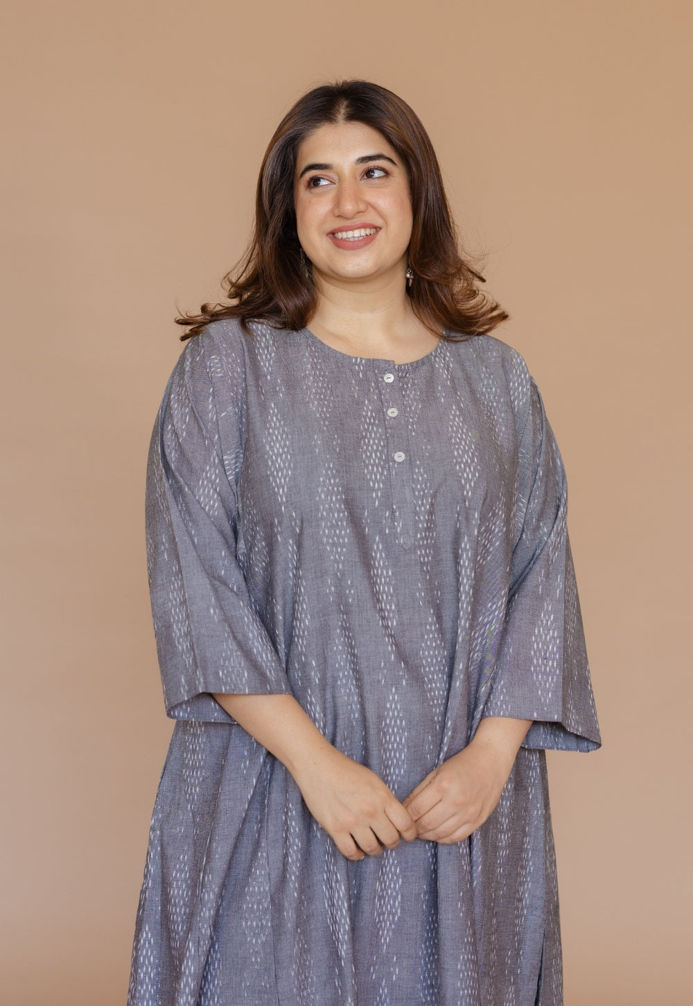Alizah Grey Handloom Ikkat Cotton Jhabbha Kali Kurta