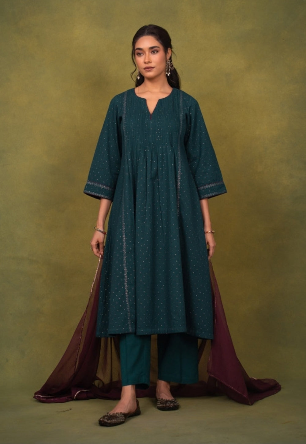 Jannat Blue Rogan Handblock Printed Cotton Kali Kurta Suit Set (Set of 3)