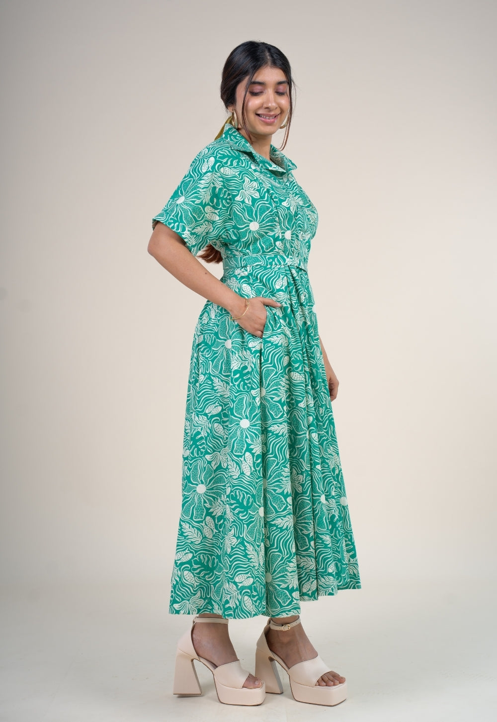 Preeti Emerald Green Printed Floral Cotton A Line Dress