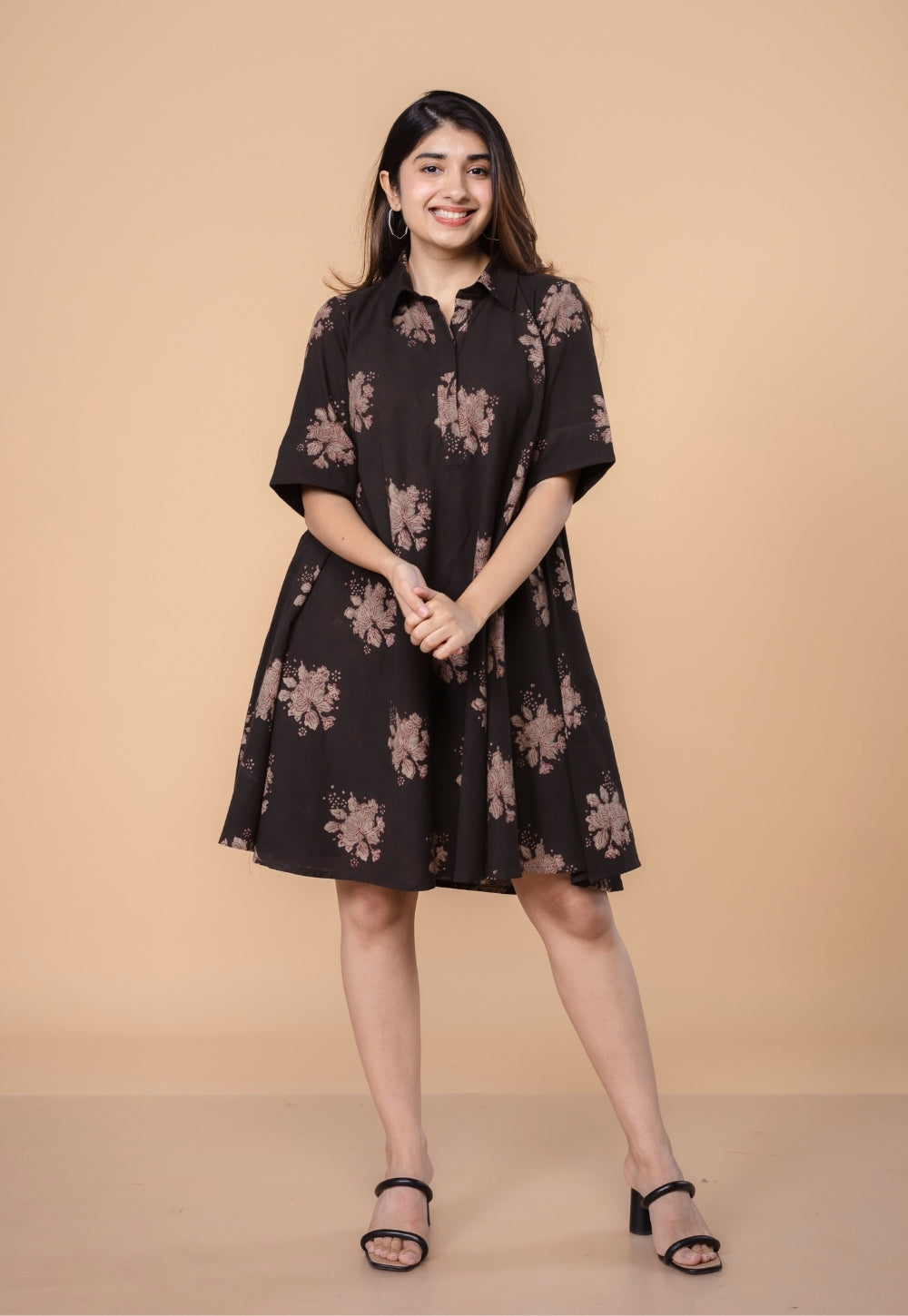 Srisha Brown Dabu Slub Cotton A Line Dress