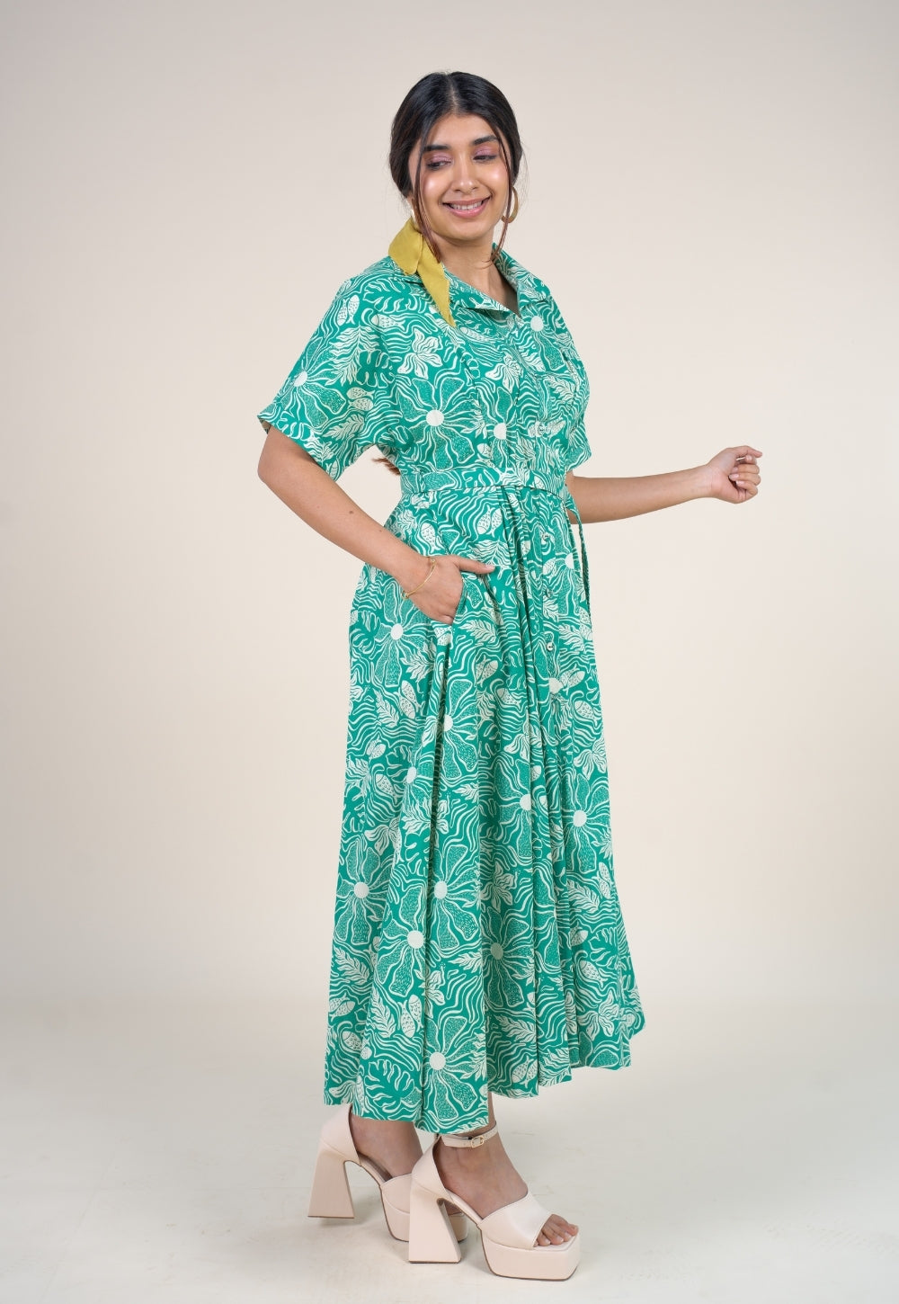 Preeti Emerald Green Printed Floral Cotton A Line Dress