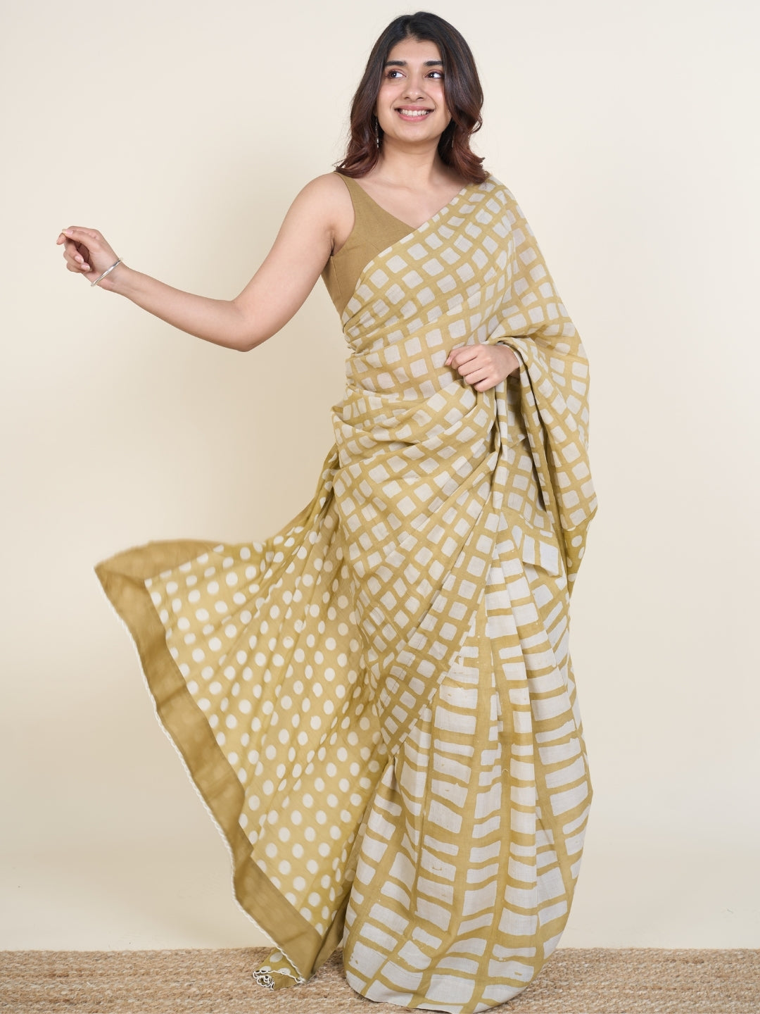 Urooj Green Batik Hand Block Print Mul Cotton Saree with Embroidery