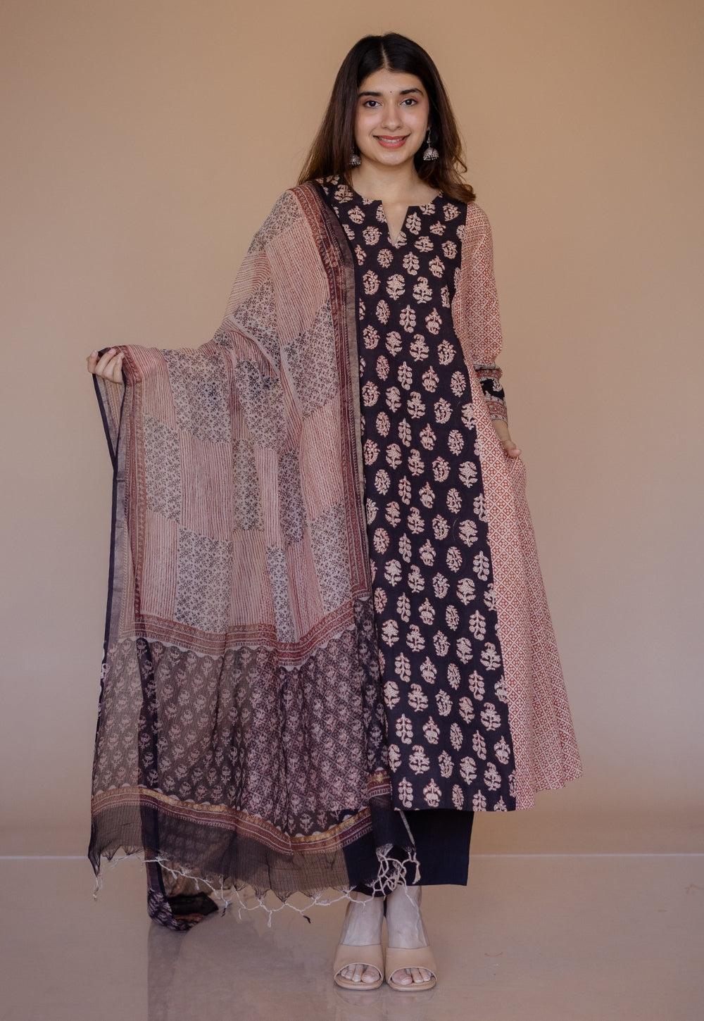 Malika Black Bagru Cotton Kali Kurta