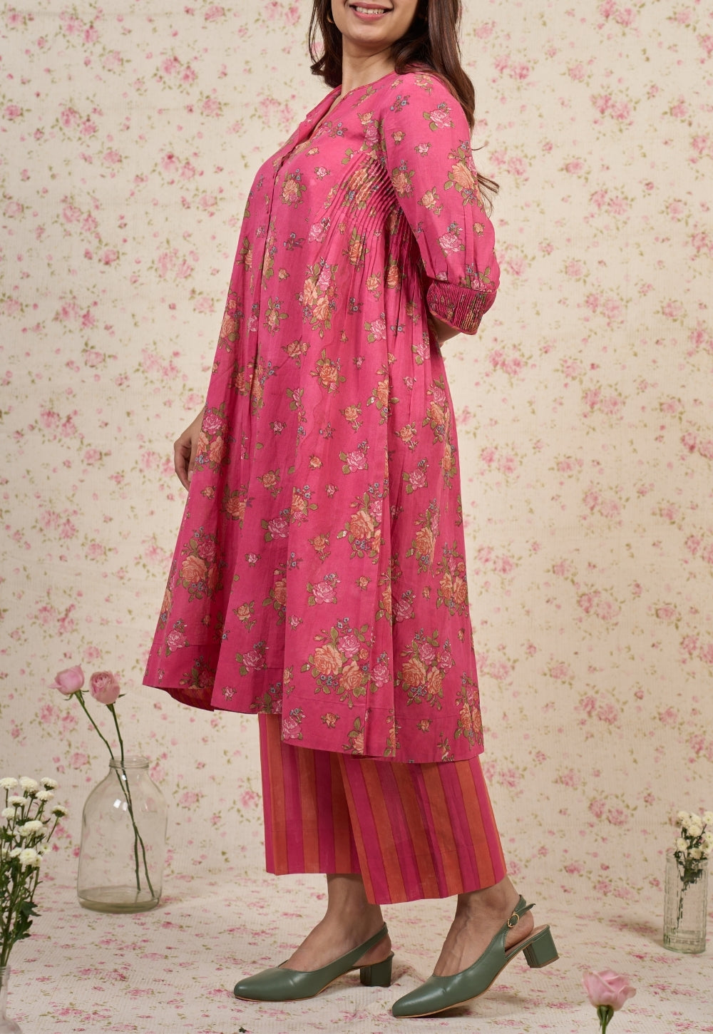 Rosie Pink Sanganeri Mul Cotton A Line Kurta Set (Set of 2)