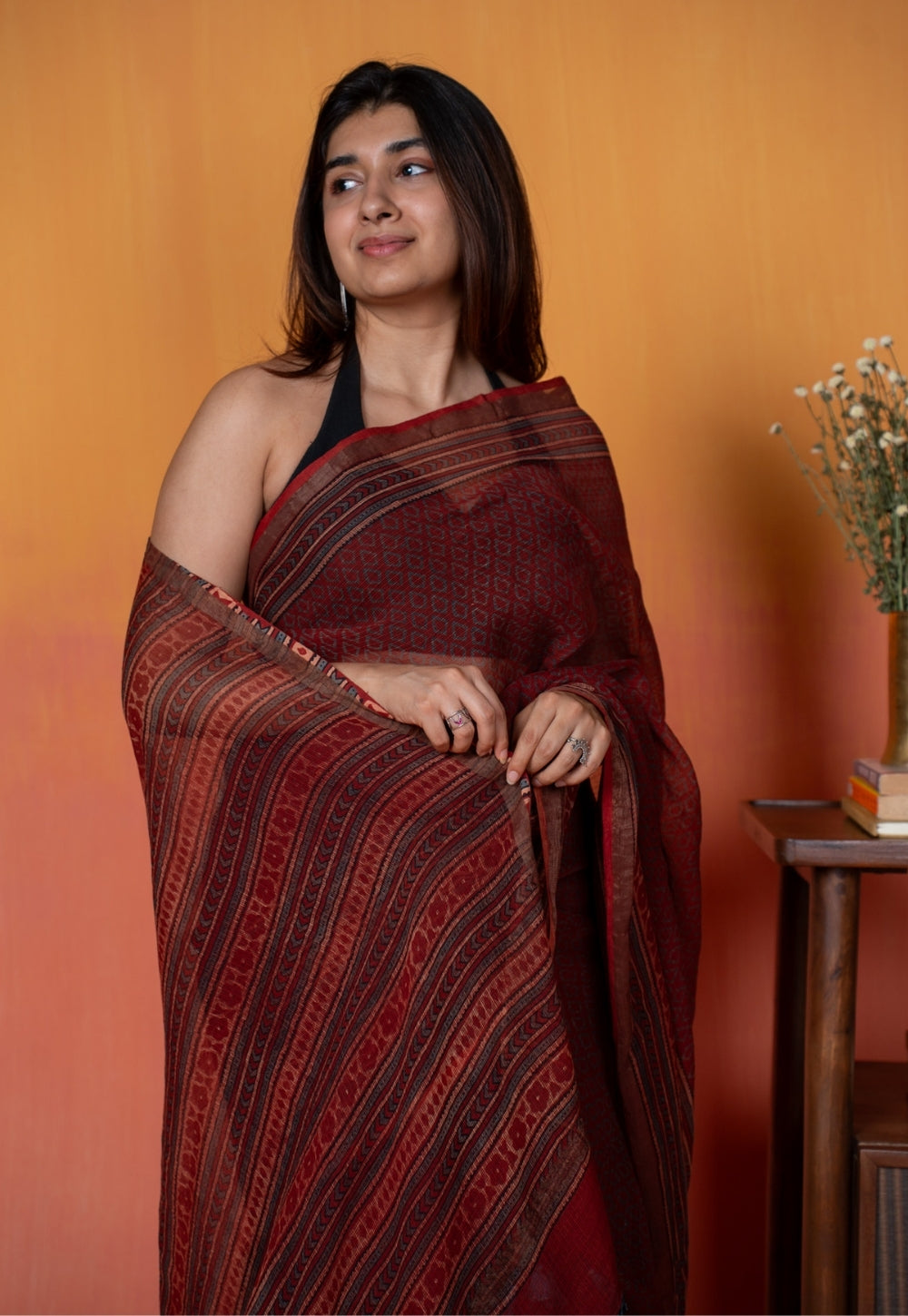 Red Geometric Ajrakh Hand Block Print Kota Doria Saree