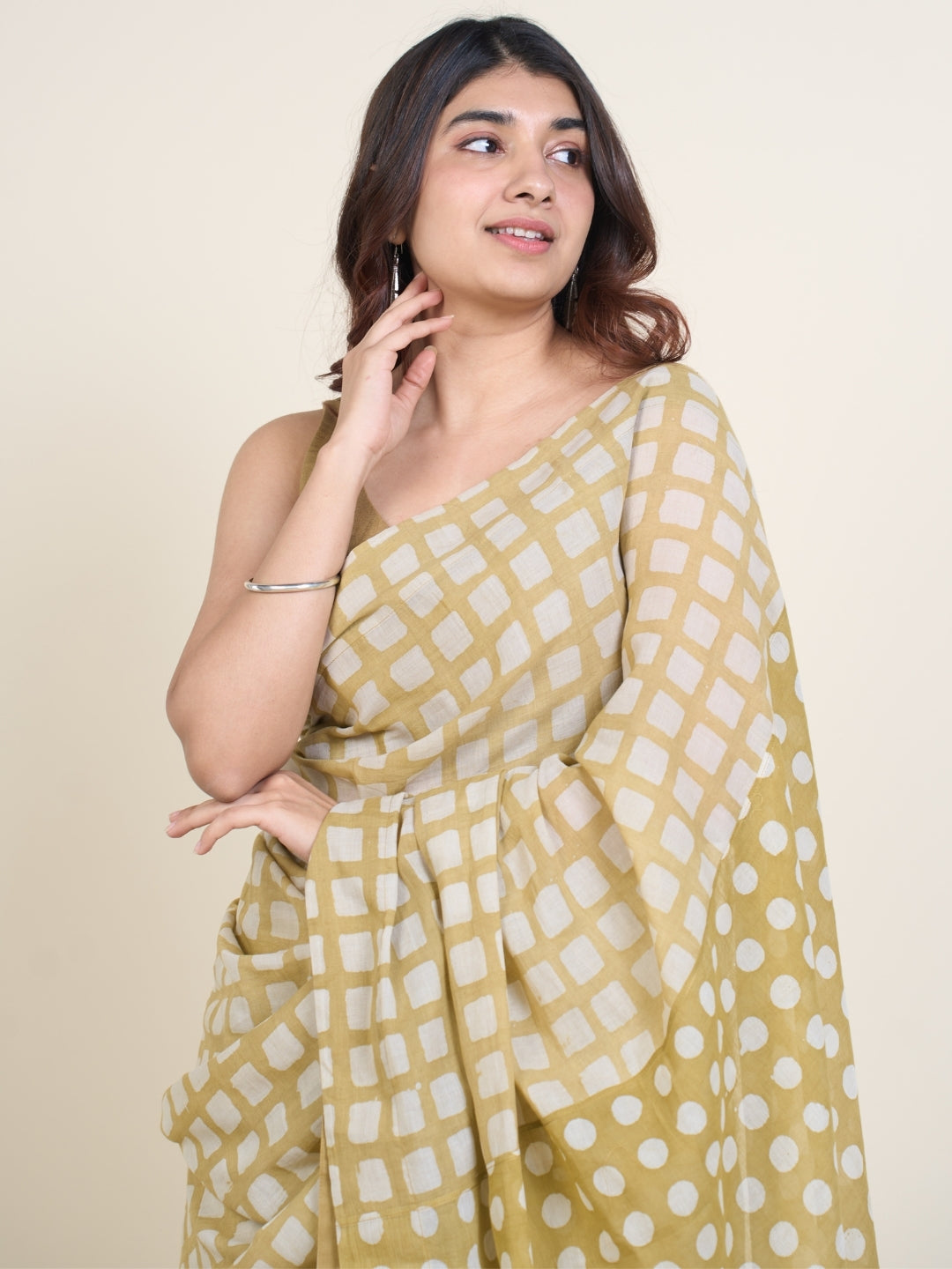 Urooj Green Batik Hand Block Print Mul Cotton Saree with Embroidery