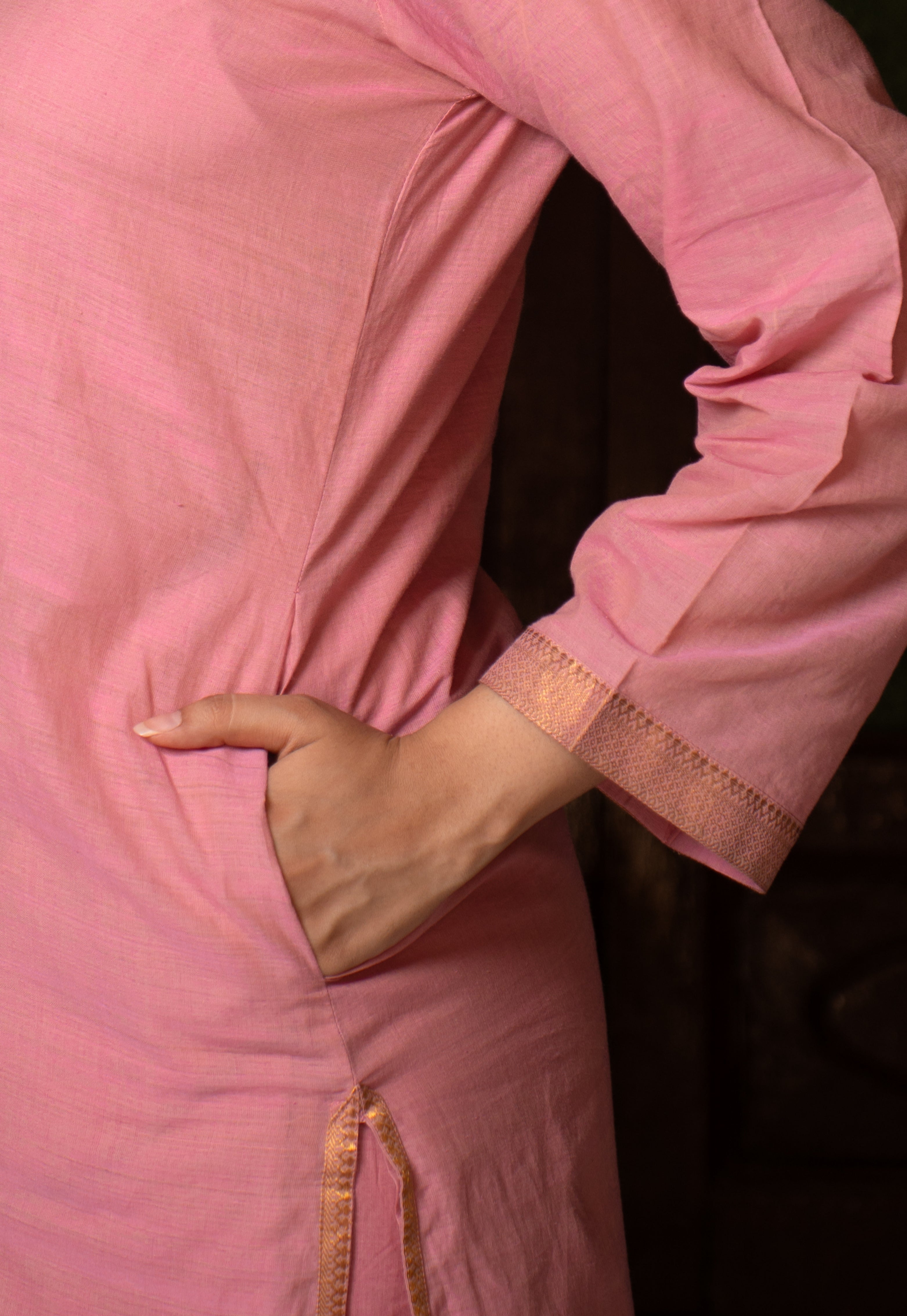 Aarini Pink Mangalgiri Cotton Straight Kurta with Nizam Border
