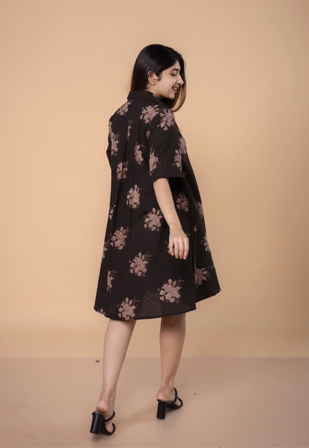 Srisha Brown Dabu Slub Cotton A Line Dress