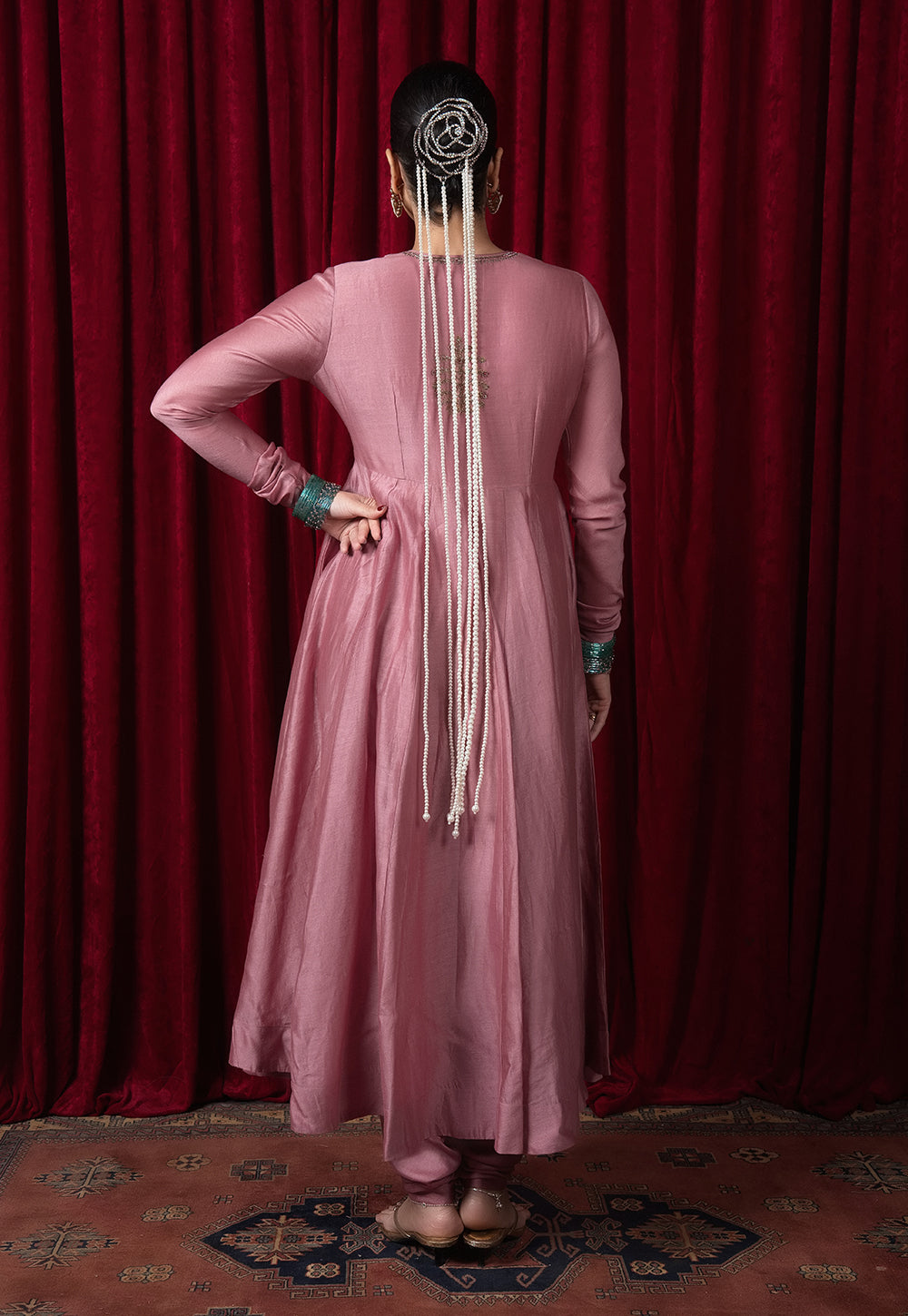 Husna Pink Solid Chanderi Silk Kali Kurta with Hand Embroidery