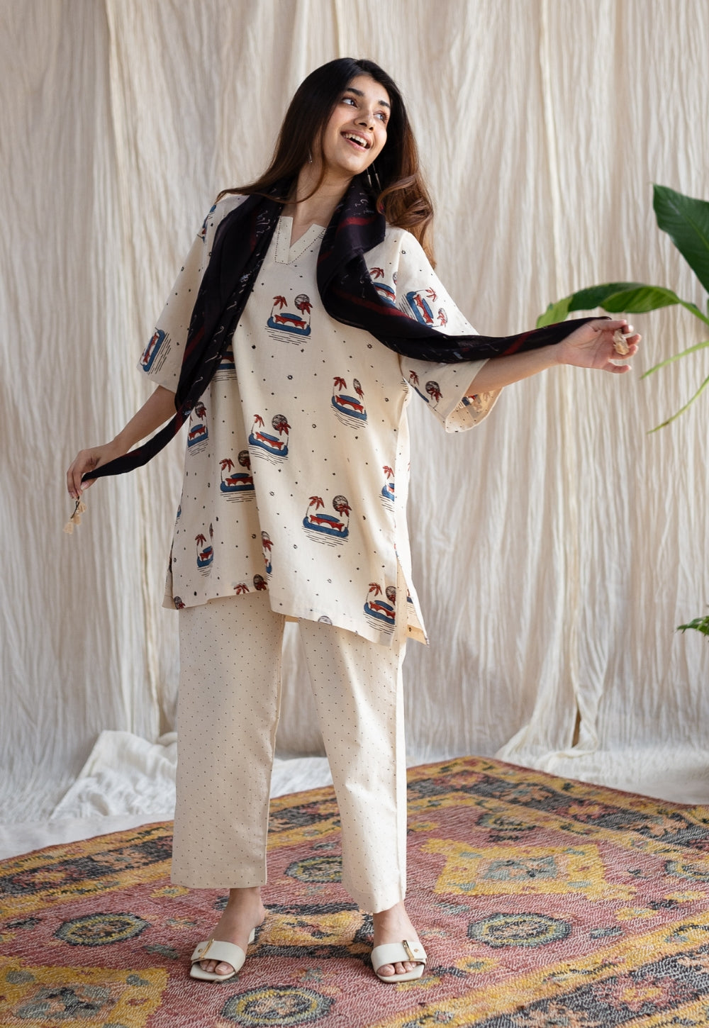 Black Lake Ajrakh Hanblock Printed MulMul Scarf