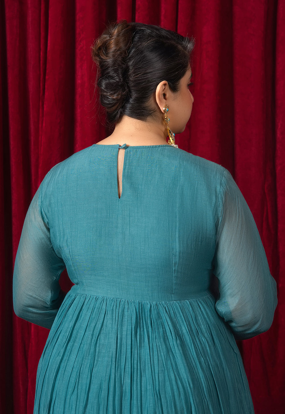 Urmi Green Solid Chanderi Silk Kali Kurta with Hand Embroidery