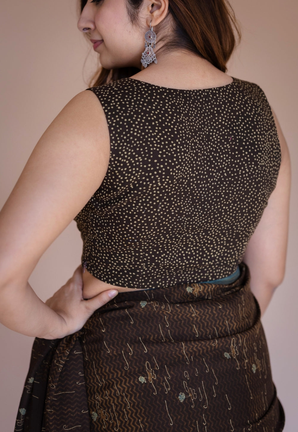 Brown Boat Ajrakh Hand Block Print Mul Saree
