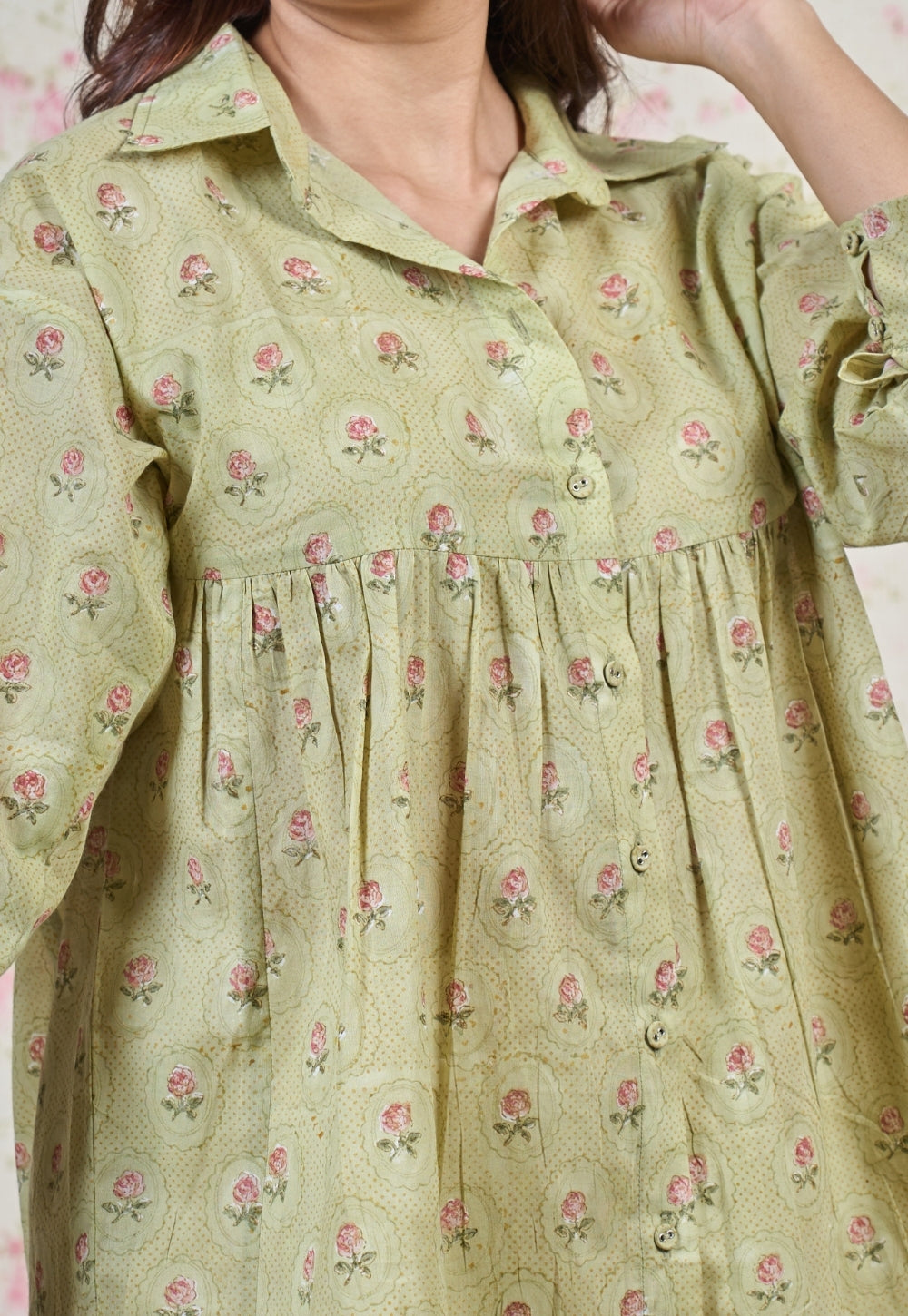 Enola Green Sanganeri Mul Cotton Straight Short Top
