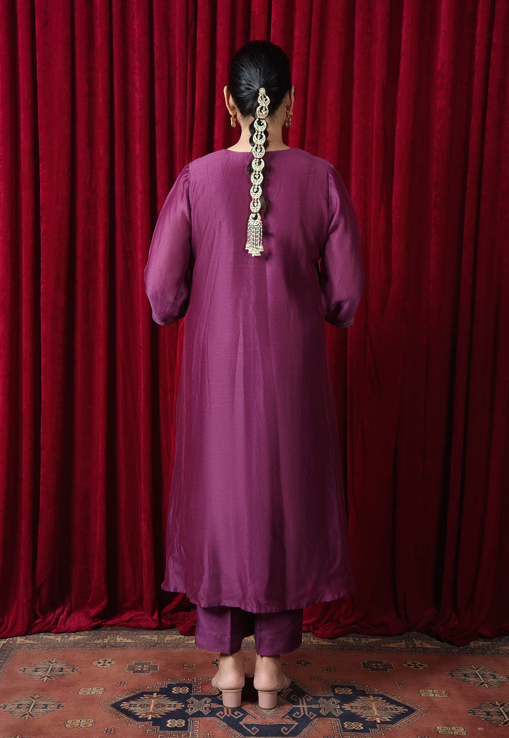 Tarani Purple Solid Chanderi Silk A Line Kurta with Hand Embroidery