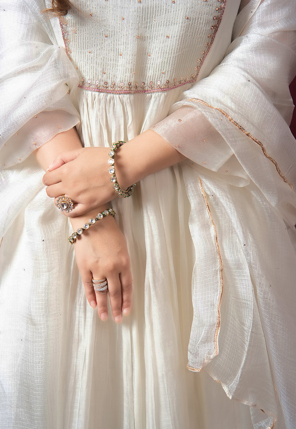 White Solid Kota Doria Silk Dupatta with Mukaish Embrodiery