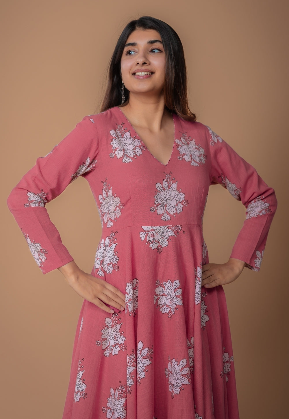 Ruvika Pink Dabu Slub Cotton A Line Kurta