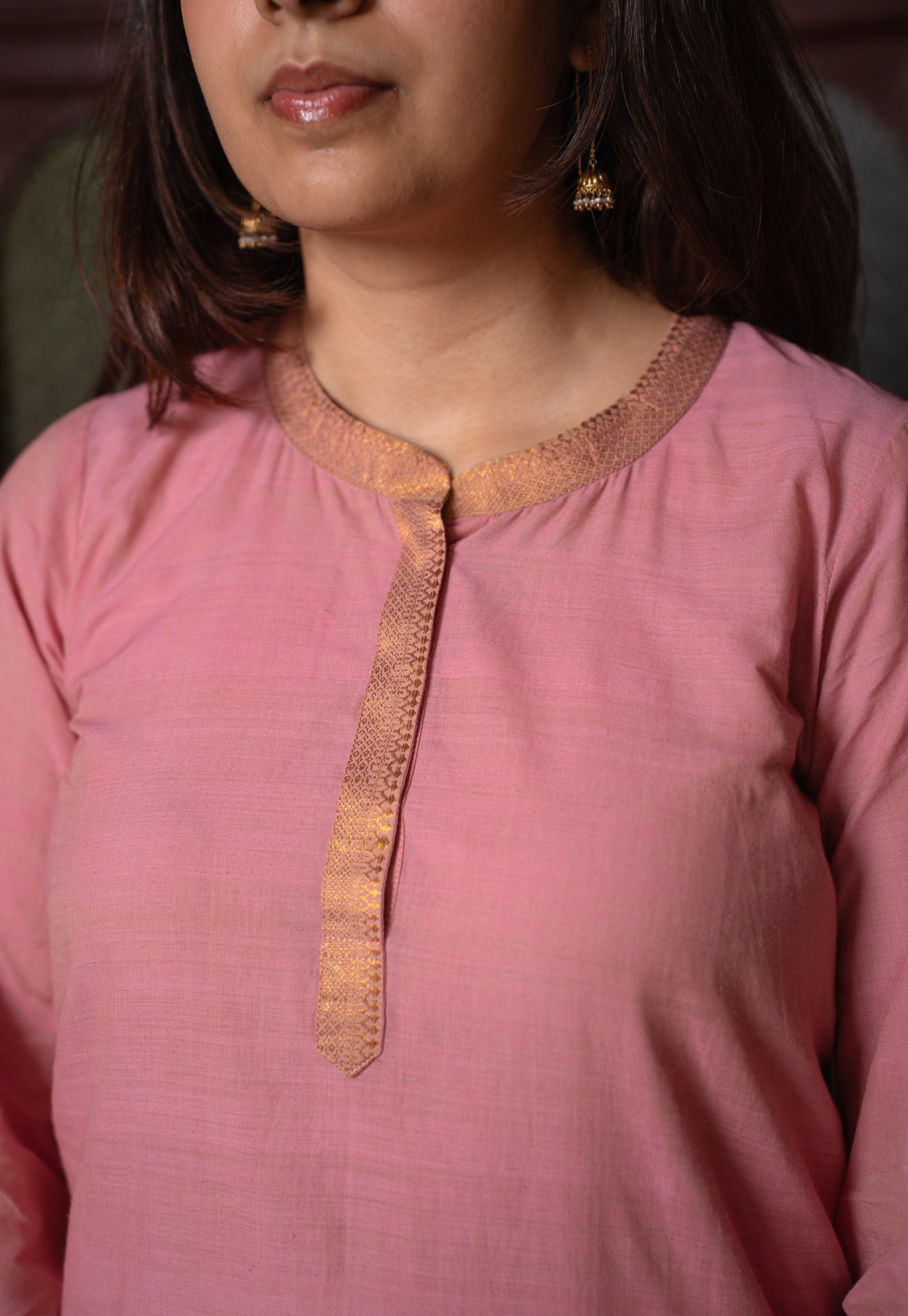 Aarini Pink Mangalgiri Cotton Straight Kurta with Nizam Border