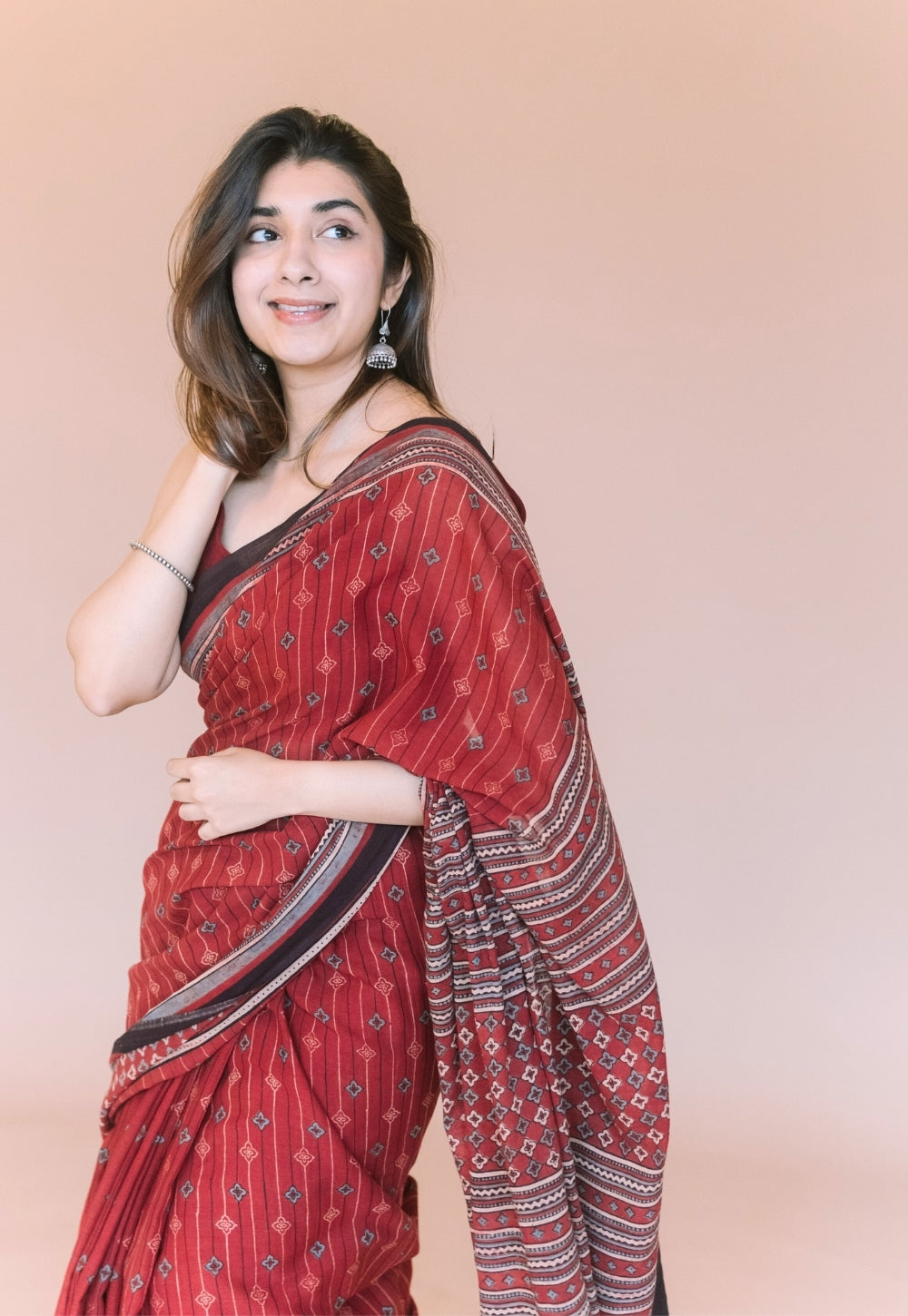 Red Aztec Ajrakh Hand Block Print Mul Saree