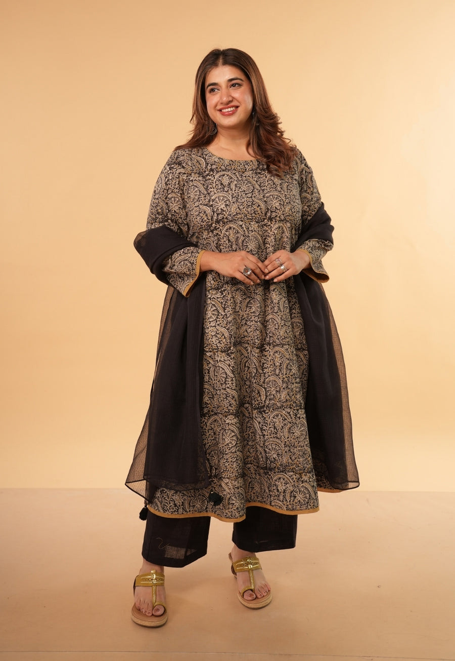 Nazia Black Kalamkari Cotton A Line Kurta