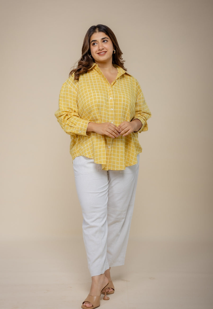 Ruhi Yellow Hand Block Print Slub Cotton Anti-Fit Shirt