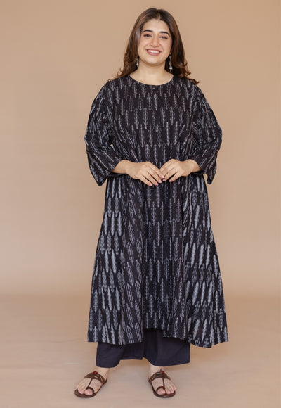 Alizah Black Handloom Ikkat Cotton Jhabbha Kali Kurta