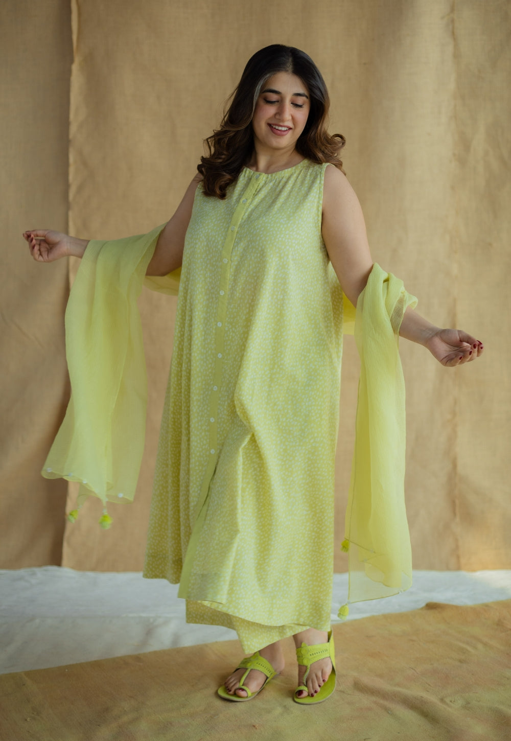 Heena Lime Green Hand Block Print Slub Cotton A Line Kurta