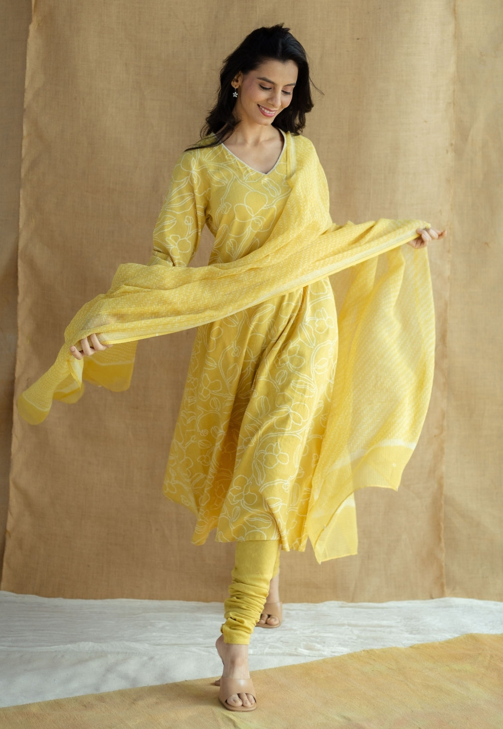 Mustard Hand Block Print Cotton Kota Doria Dupatta