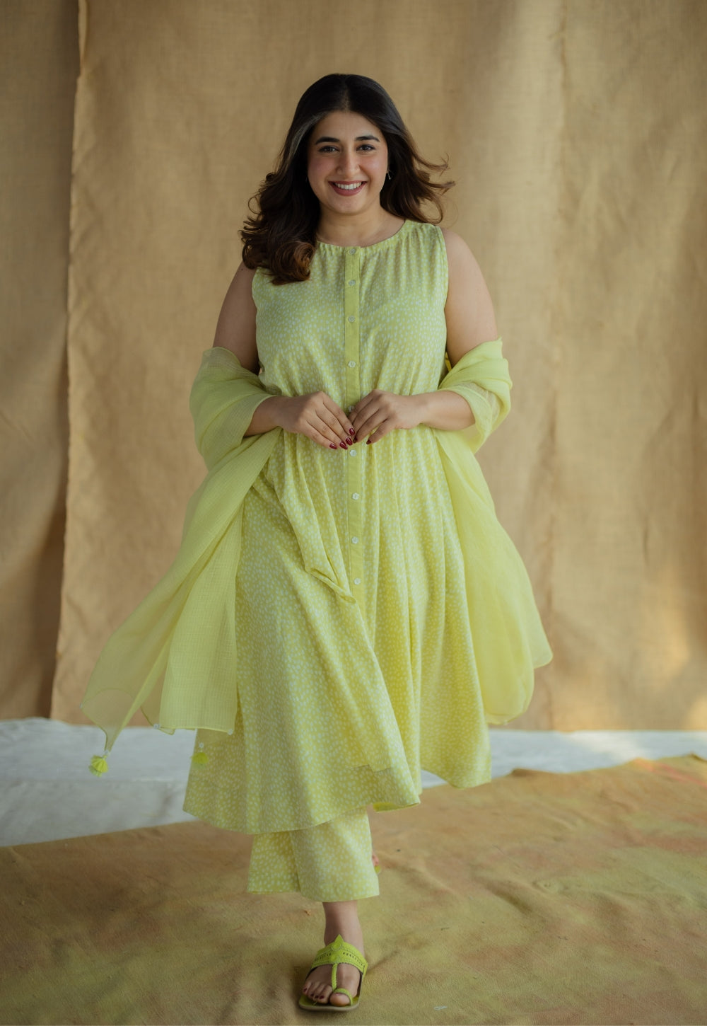 Heena Lime Green Hand Block Print Slub Cotton A Line Kurta