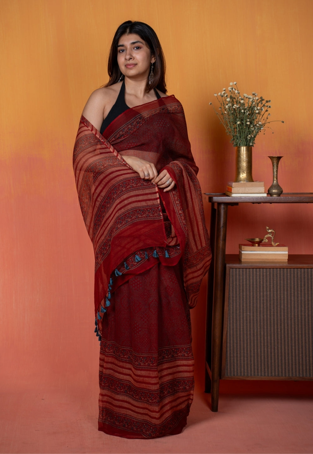 Red Mughal Ajrkah Hand Block Print Kota Doria Saree