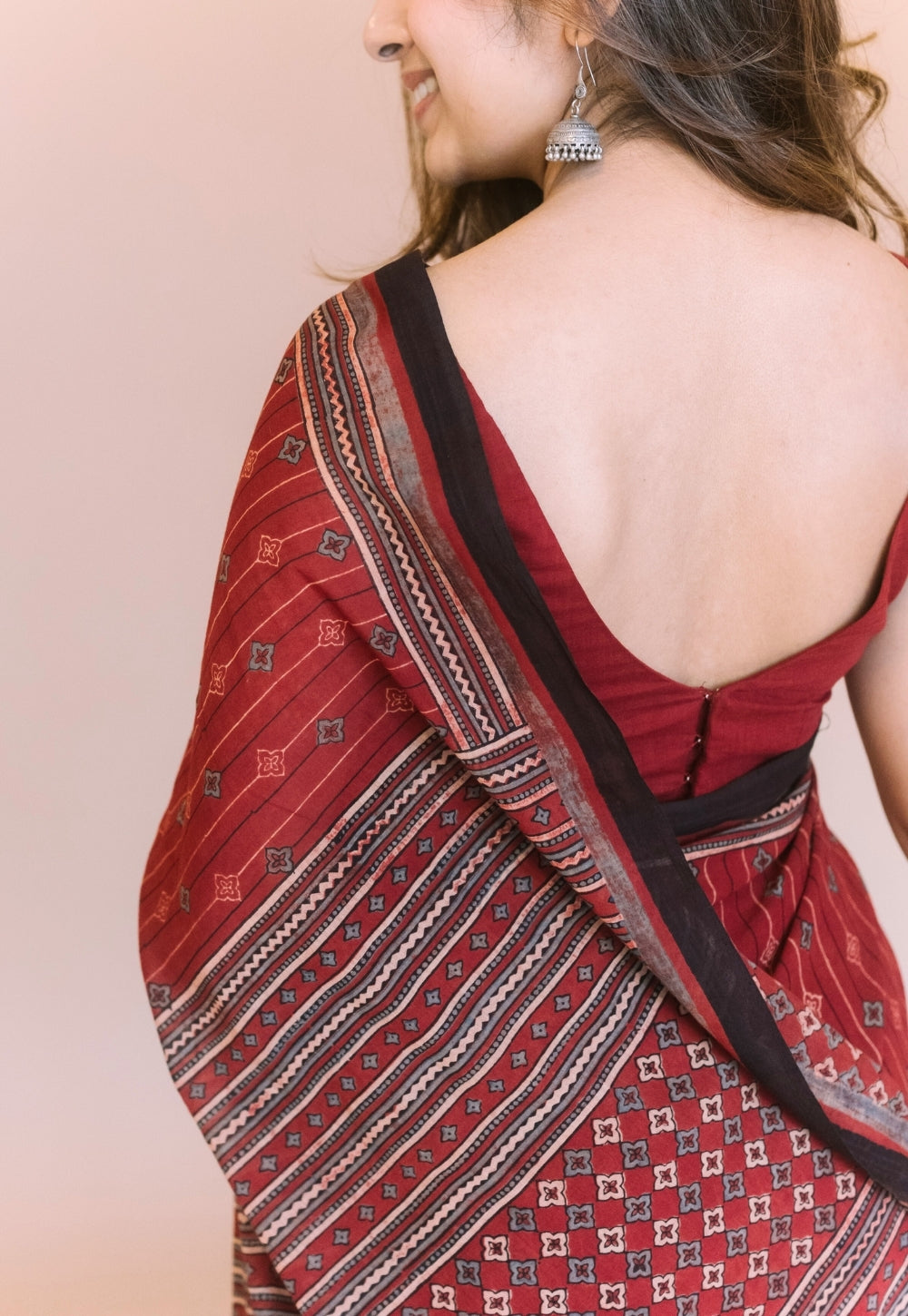 Red Aztec Ajrakh Hand Block Print Mul Saree