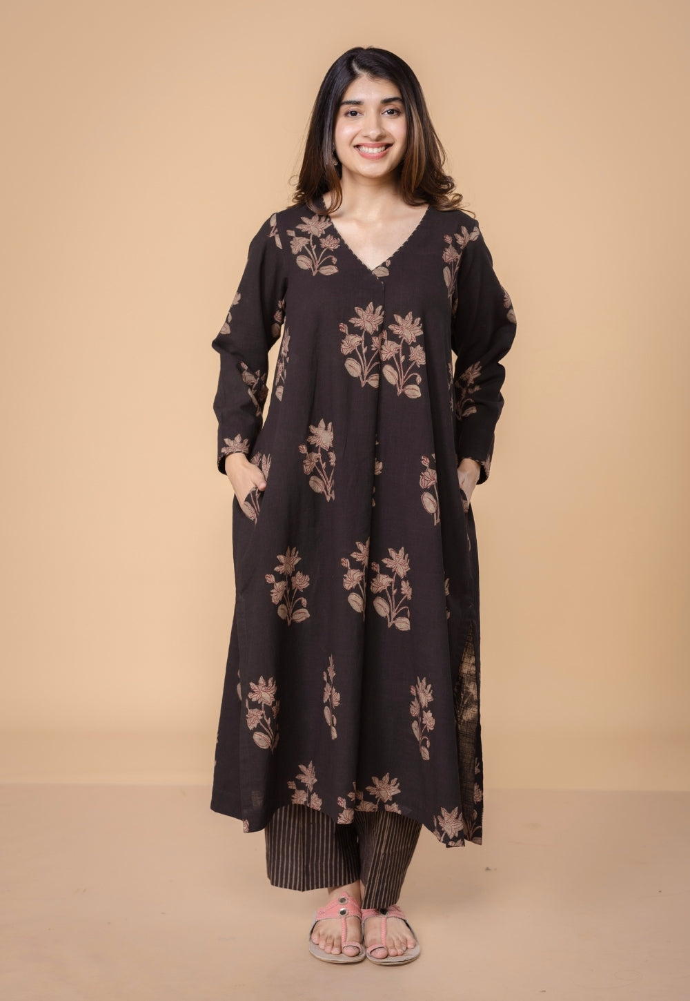 Megha Brown Dabu Slub Cotton Straight Kurta Set (Set of 2)