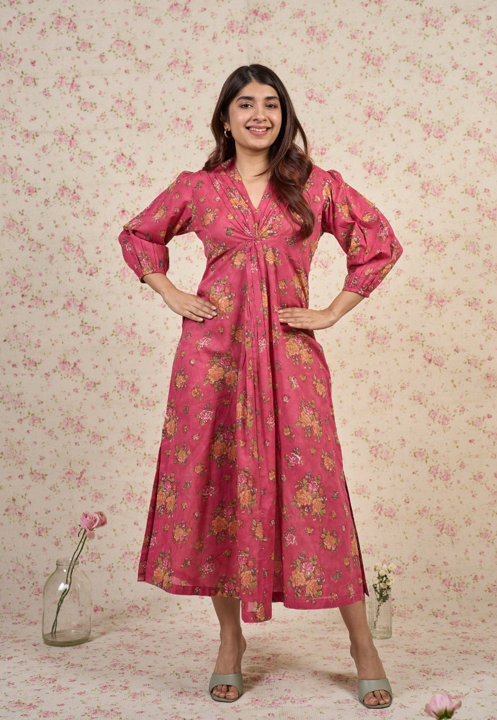 Rosie Pink Sanganeri Mul Cotton A Line Dress