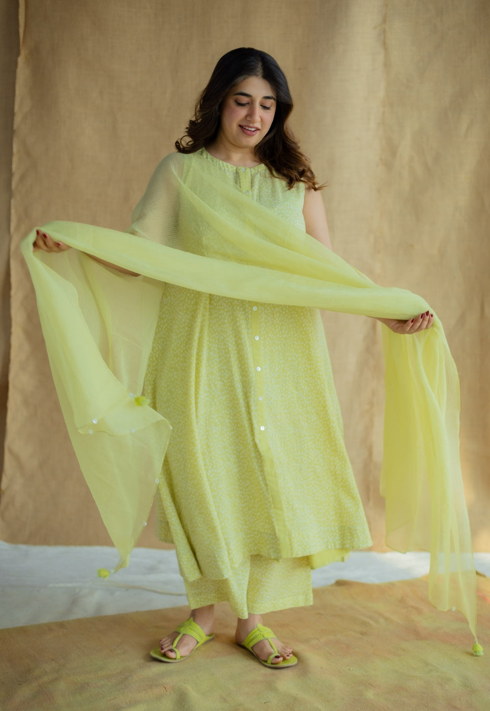 Heena Lime Green Hand Block Print Slub Cotton A Line Kurta