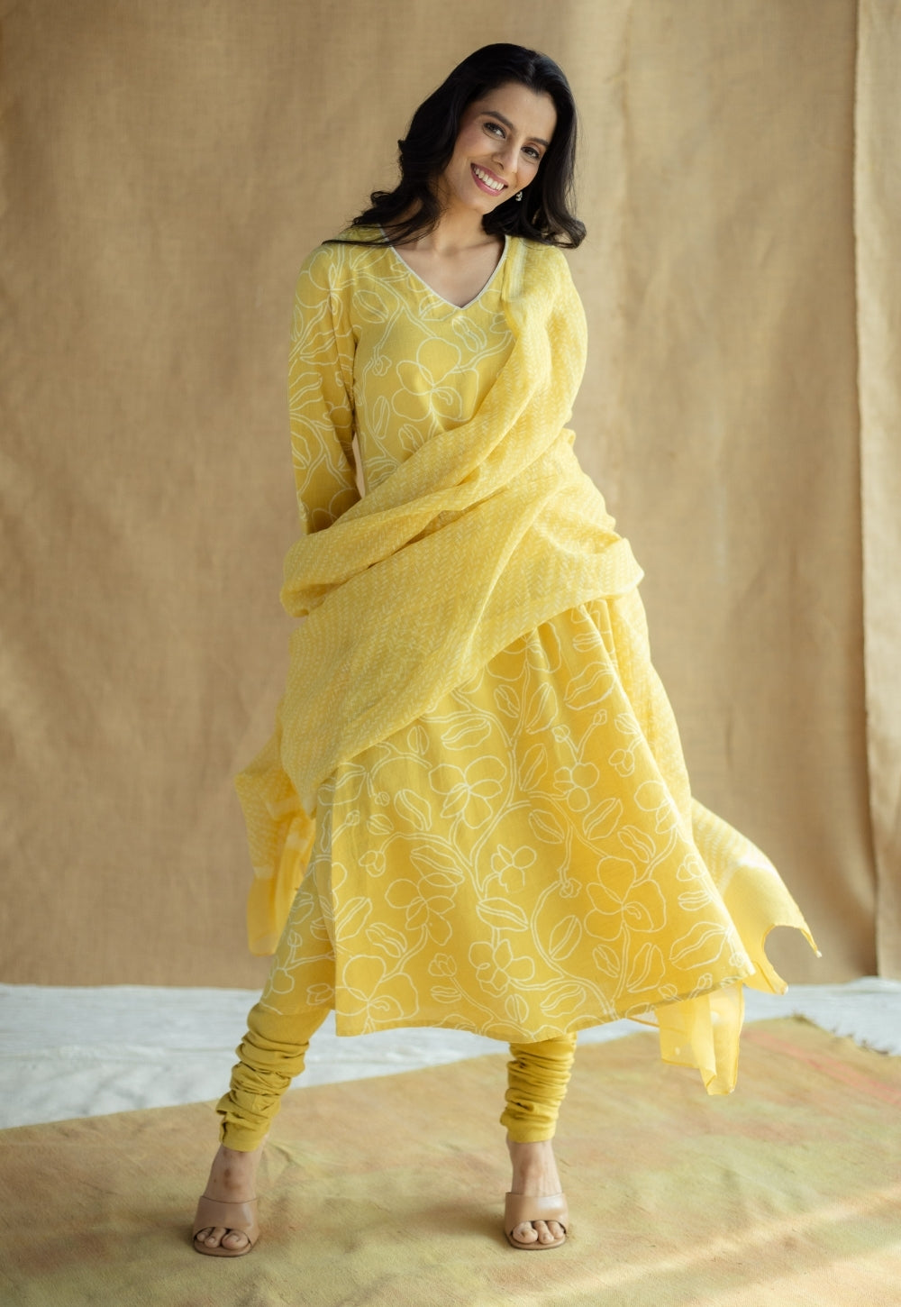 Mustard Hand Block Print Cotton Kota Doria Dupatta