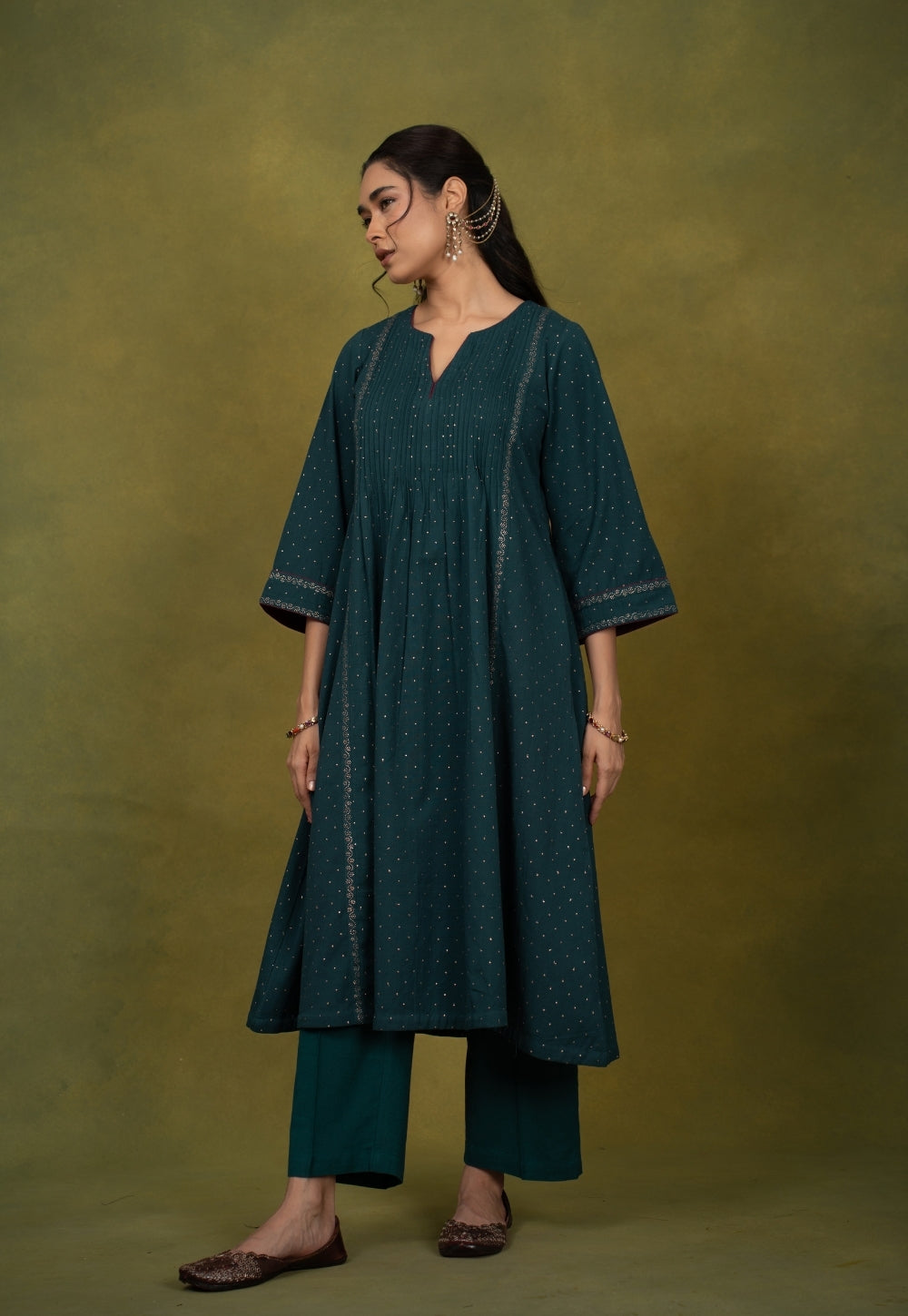 Jannat Blue Rogan Handblock Printed Cotton Kali Kurta Suit Set (Set of 3)