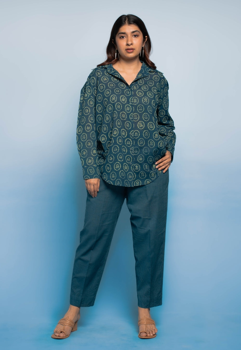 Ruhi Teal Blue Dabu Mul Cotton Straight Shirt