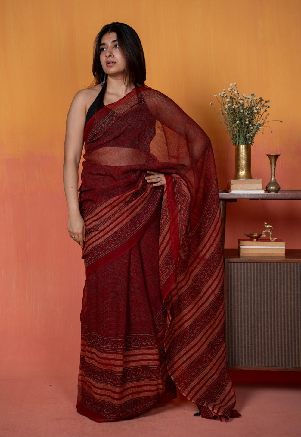 Red Mughal Ajrkah Hand Block Print Kota Doria Saree