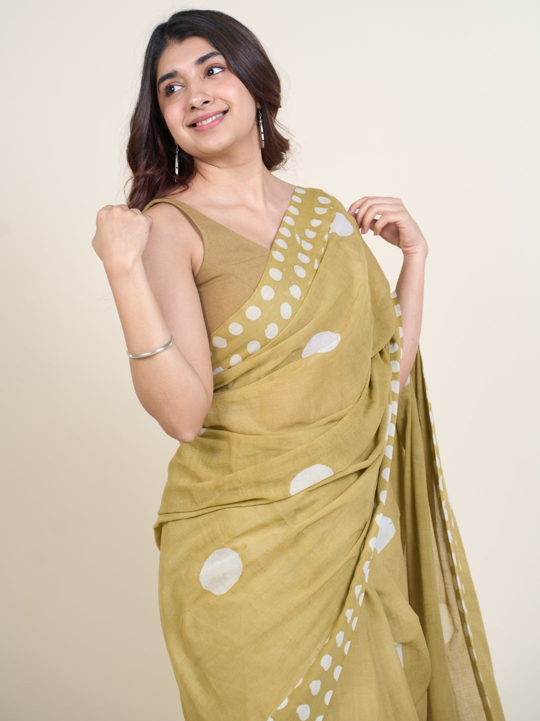 Samiha Green Batik Hand Block Print Mul Cotton Saree with Embroidery