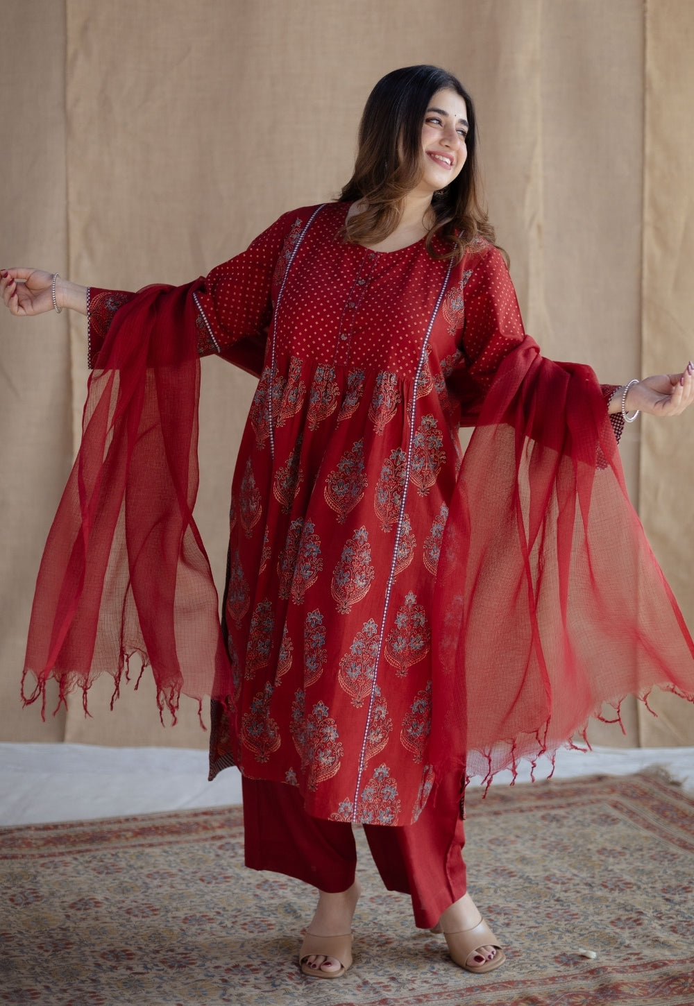 Divyathi Red Ajrakh Cotton A Line Kurta with Hand Embroidery